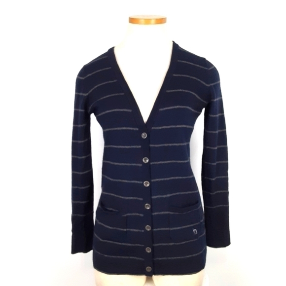 Hazzys Made In Korea Wool Blend Stripe Cardigan In White/Navy Combo Size Small - Picture 2 of 10